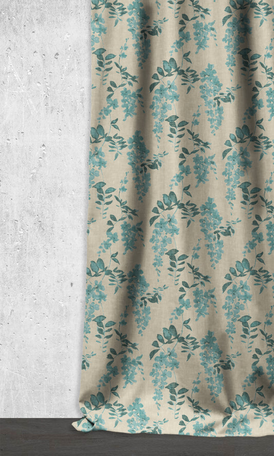 Room Darkening Floral Home Décor Fabric By the Metre (Blue/ Grey)