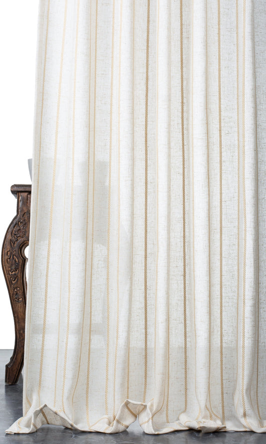 Striped Sheer Linen Blend Home Décor Fabric By the Metre (White/ Mustard Beige)