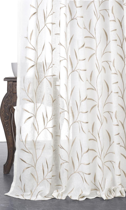 Sheer Floral Embroidered Curtains (White/ Brown)