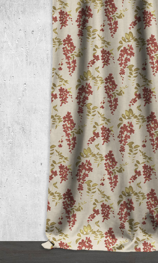 Dimout Floral Home Décor Fabric By the Metre (Red/ Green/ Pale Grey)