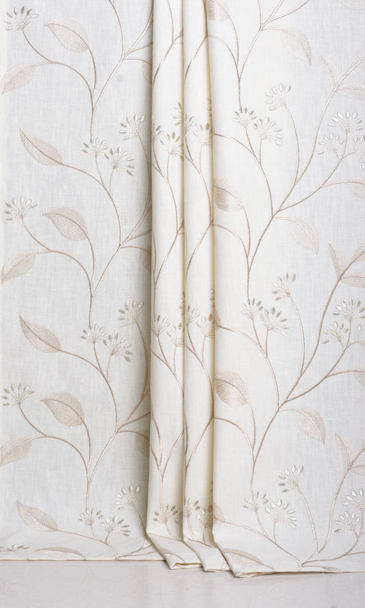 Poly-Linen Floral Embroidery Home Décor Fabric By the Metre (White/ Cream)