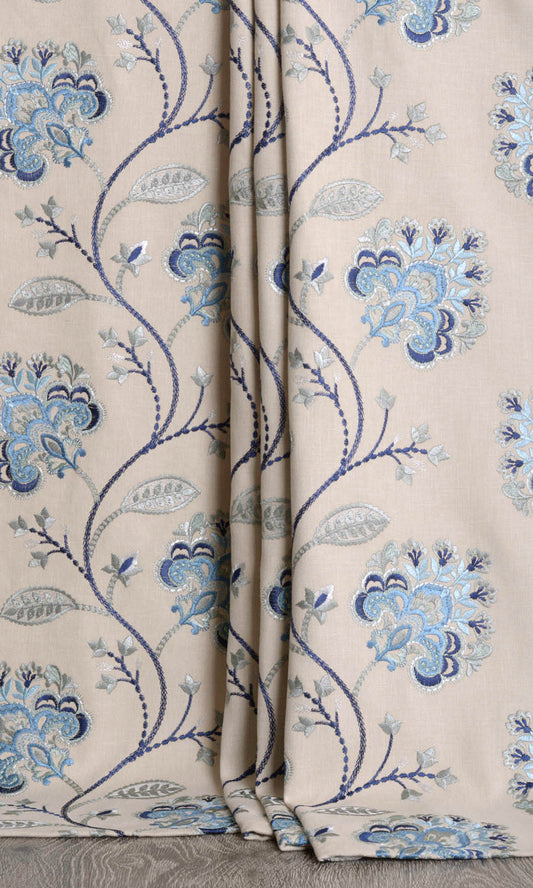 Floral Embroidered Cotton Home Décor Fabric Sample (Beige/ Blue)