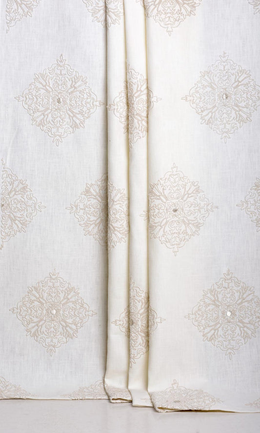 Poly-Linen Embroidered Drapes (White/ Cream)