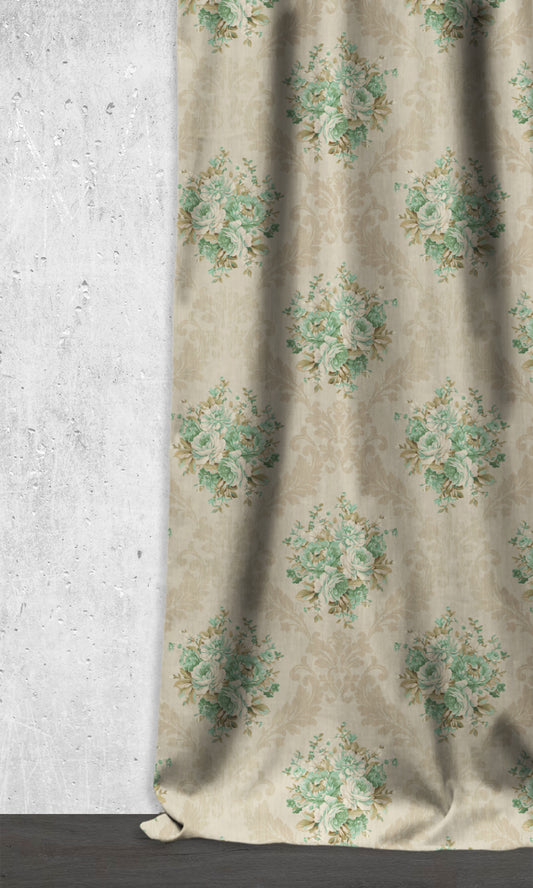 Dimout Floral Home Décor Fabric By the Metre (Beige/ Moss/ Aqua)