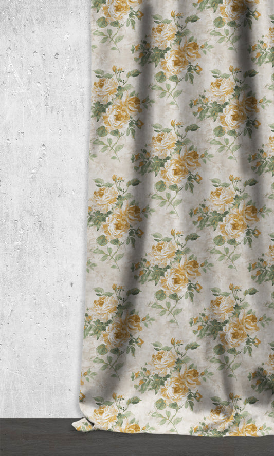 Dimout Floral Home Décor Fabric By the Metre (Yellow/ Ivory/ Green)